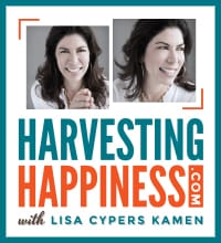 Logo of Harvesting Happpiness in white with pictures from Lisa Cypers Kamen in a white shirt and teal background